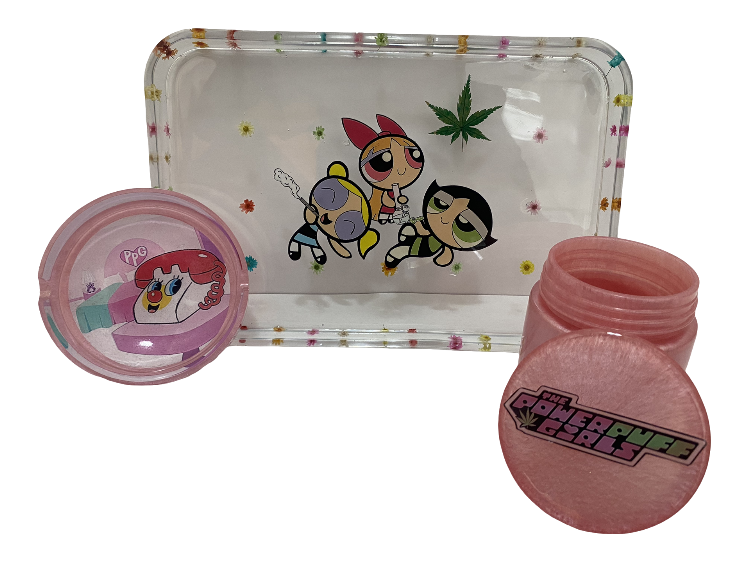 PowerPuff Girls Rolling Tray Set- Transparent Flowers